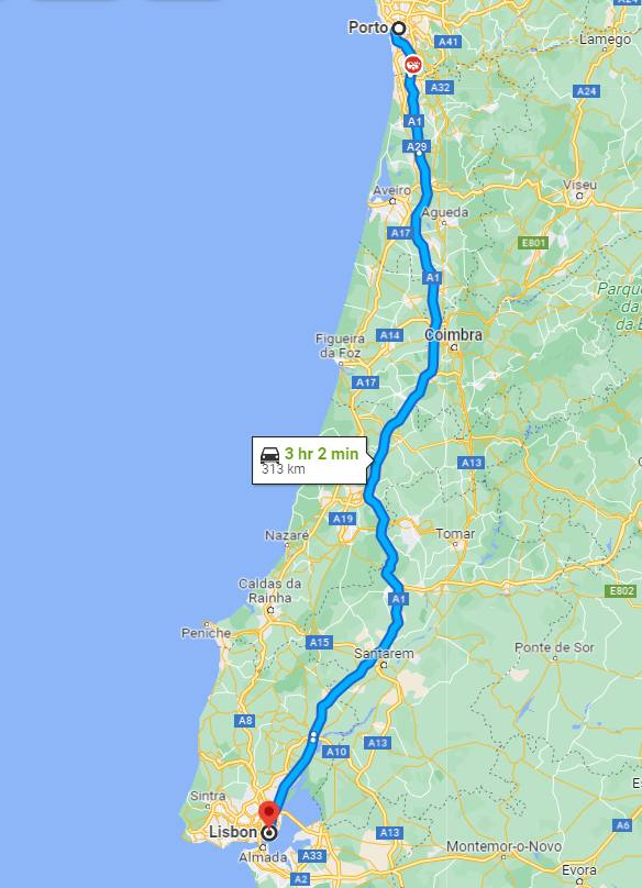 Route from Porto to Lisbon.
